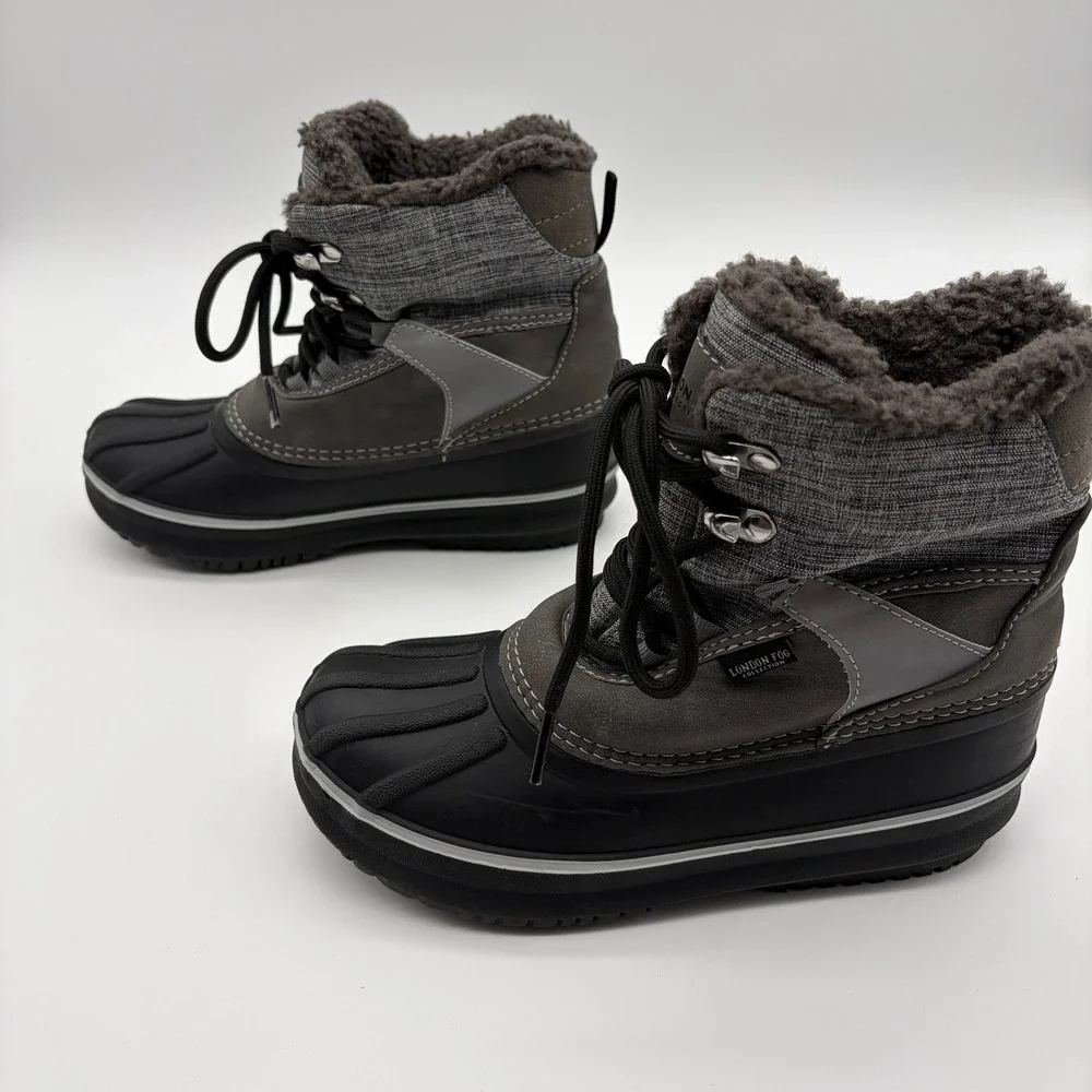 London Fog Croydon Kids Snow Boots Grey Black Faux Fur Lined Size 3 CL30204Y